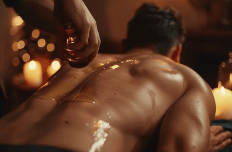 woman pouring oil on a man for nuru massage